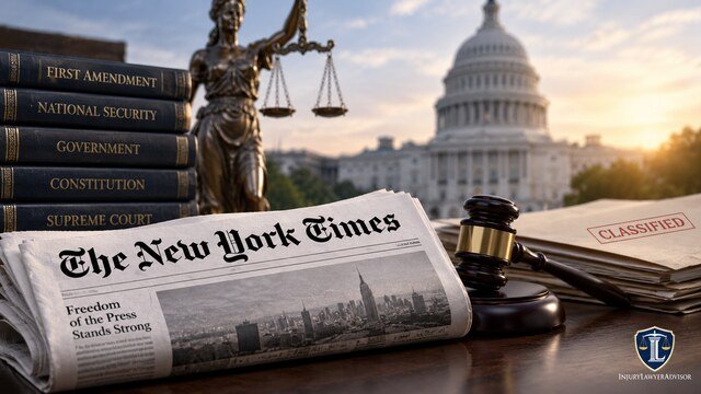 New York Times newspaper, gavel, classified documents, and Lady Justice symbolizing the government’s heavy burden in prior restraint cases.