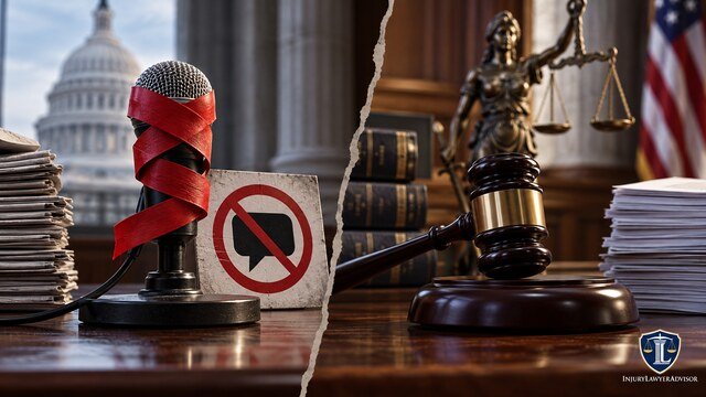 Split legal scene showing a censored microphone for prior restraint and a judge’s gavel for punishment after speech.