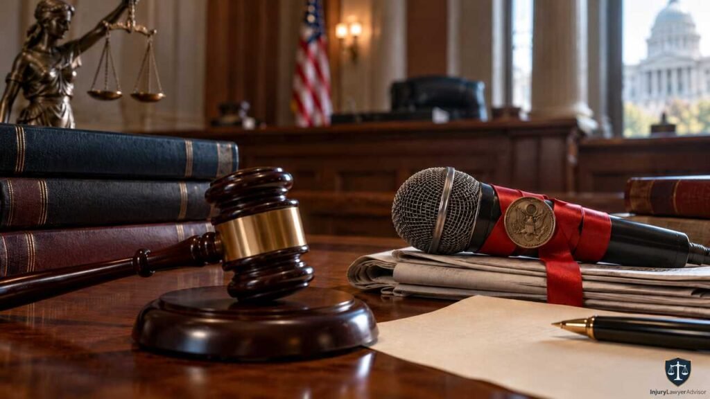 For Prior Restraint to Apply, What Must the Government Prove About the Speech in Question? Prior restraint legal concept with gavel and restrained microphone
