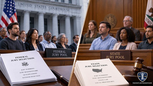 Federal and state jury selection processes shown side by side in courtroom settings.