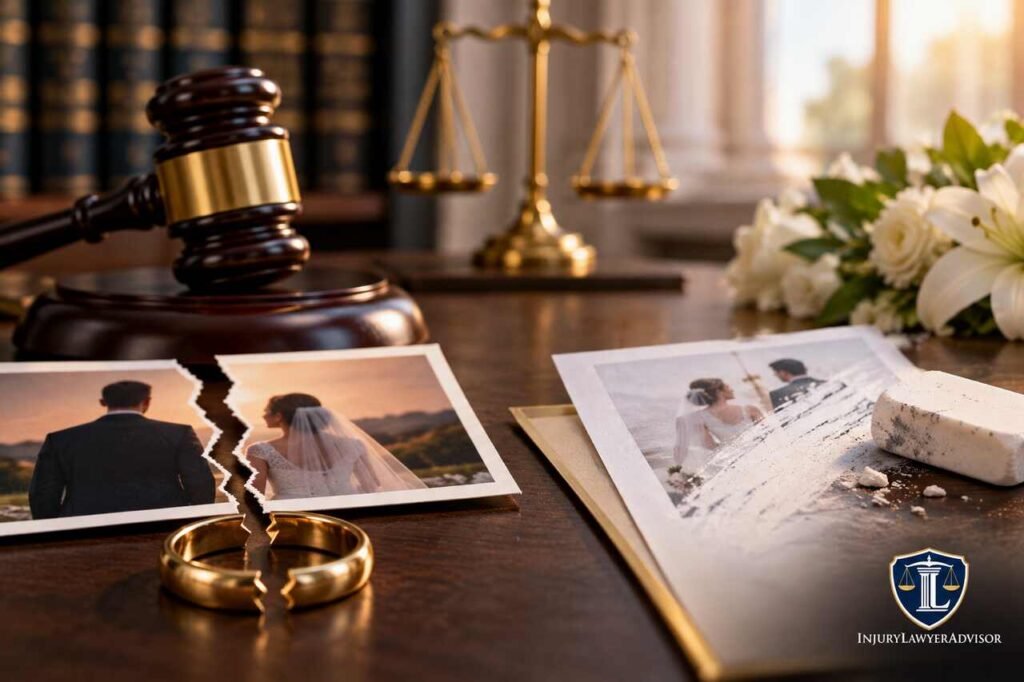 Divorce vs annulment legal differences illustrated with wedding rings, a gavel, and scales of justice.