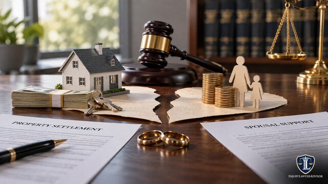Property division and spousal support illustrated with a house, money, wedding rings, legal documents, gavel, and scales of justice.