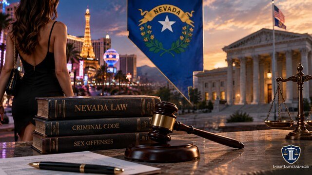 Nevada escort services law with courthouse, gavel, law books, and Las Vegas nightlife.