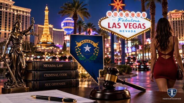 Las Vegas prostitution laws with Lady Justice, gavel, Nevada law books, and the Las Vegas Strip at night.
