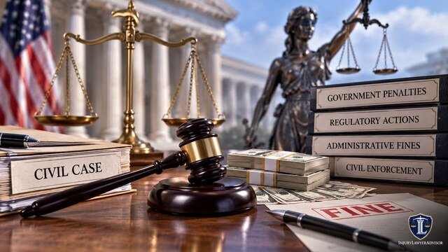 Civil cases and government penalties illustrated with a judge’s gavel, legal files, scales of justice, fines, and Lady Justice.