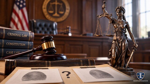 Same offense concept illustrated with fingerprints, a judge’s gavel, law books, and Lady Justice in a courtroom.