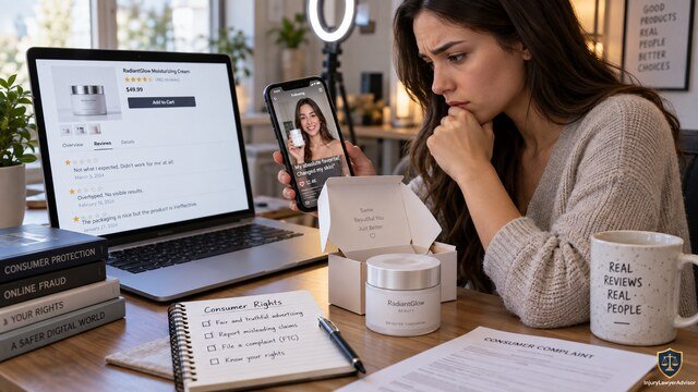 Business professionals reviewing advertising claims, product packaging, and compliance documents to reduce false-advertising risk.