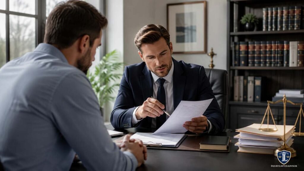 Civil claim lawyer consultation with attorney reviewing legal documents with a client