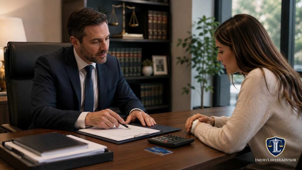 Lawyer discussing payment plan options and legal fees with a client in a professional office.