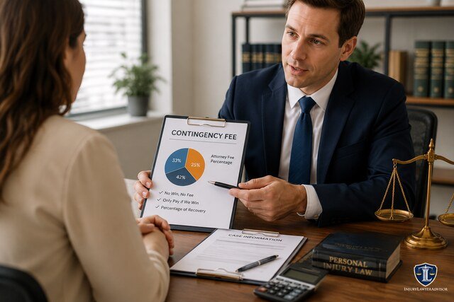 Lawyer explaining a contingency fee arrangement to a client during a legal consultation.
