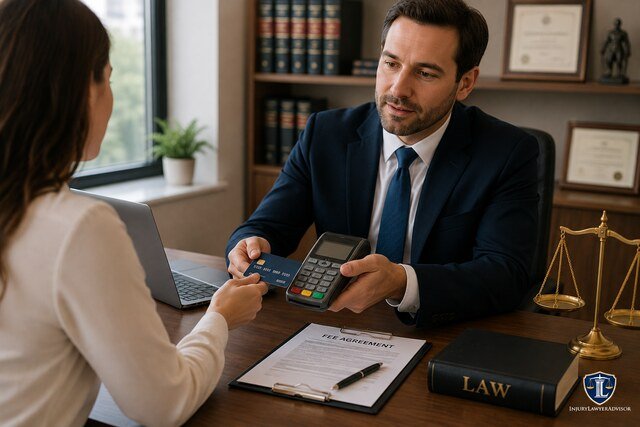 Client paying a lawyer with a credit card during a legal consultation.