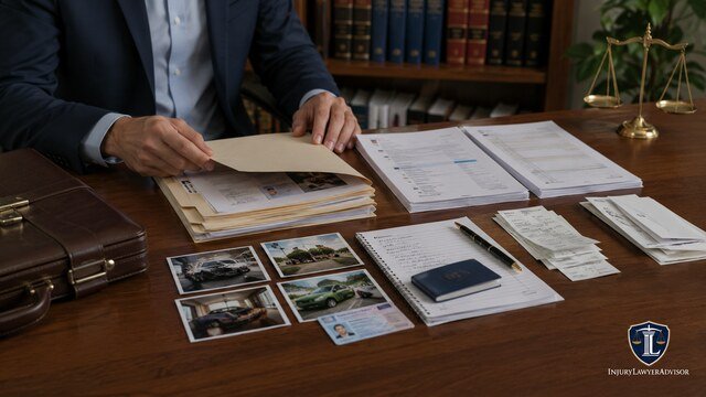 Lawyer organizing documents and evidence for a civil claim consultation.