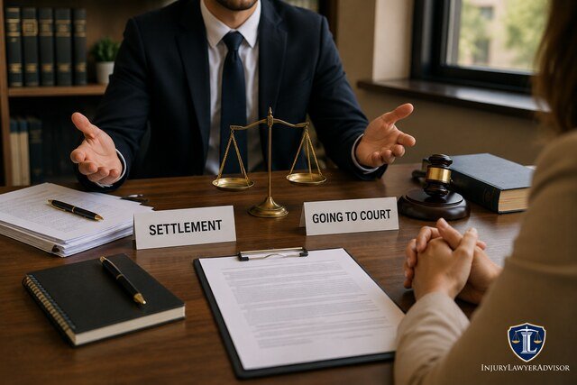 Lawyer discussing settlement versus going to court with a client during a civil claim consultation.