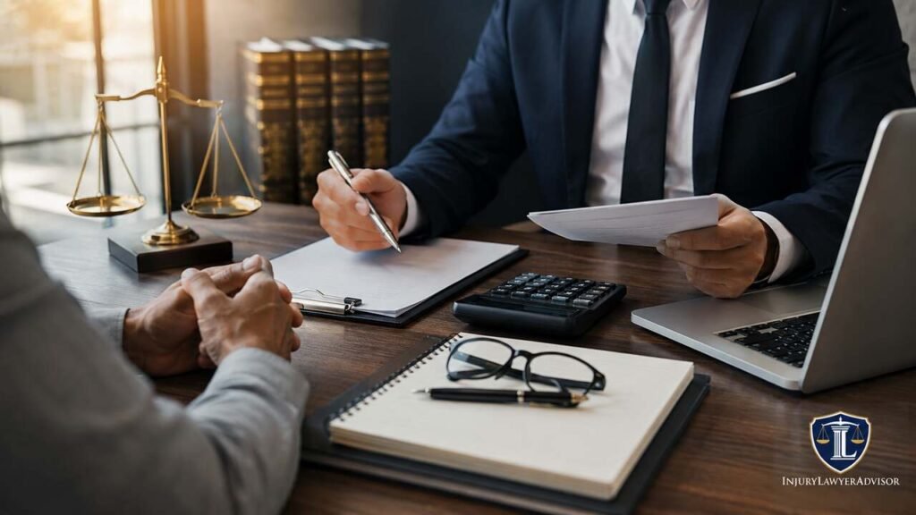 Lawyer discussing legal fees and consultation costs with a client in a professional office