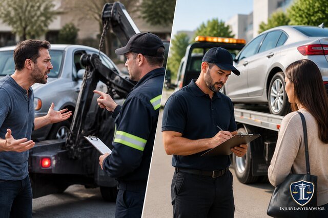 Wrongful repossession versus legal repossession comparison showing a vehicle tow dispute and lawyer reviewing repossession documents.