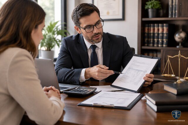 Lawyer explaining legal fees and payment options to a client during a consultation in a professional office.