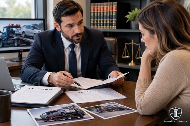 Wrongful repossession lawyer reviewing vehicle repossession documents with a client during a legal consultation.