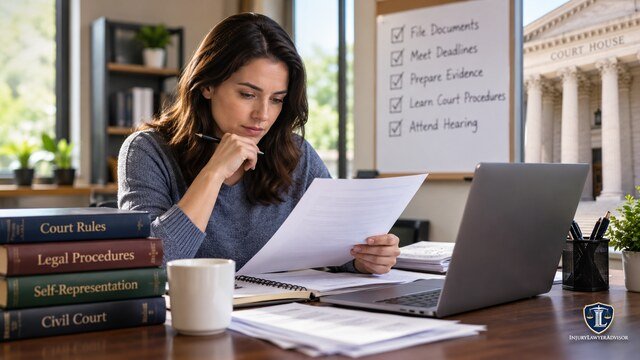 Woman preparing legal documents to handle a court case herself