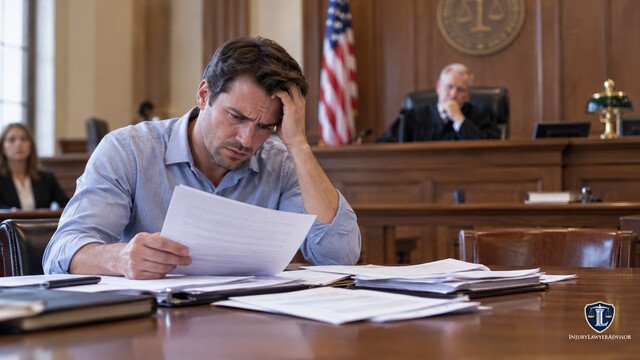 Man reviewing legal documents while representing himself in court