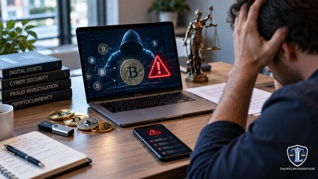 Crypto scam victim reviewing fraud alerts, cryptocurrency transactions, and legal evidence.