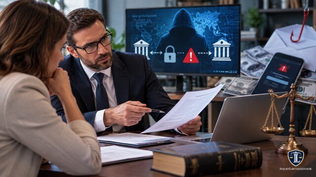 Wire transfer fraud attorney advising a client about a fraudulent bank transfer.