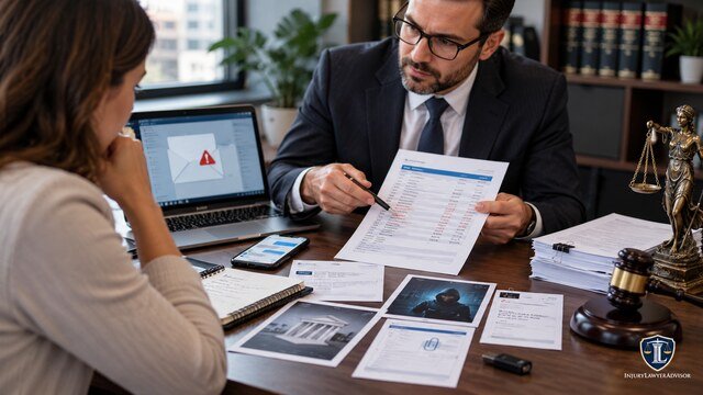 Wire transfer fraud lawyer reviewing bank statements, emails, and digital evidence with a client.