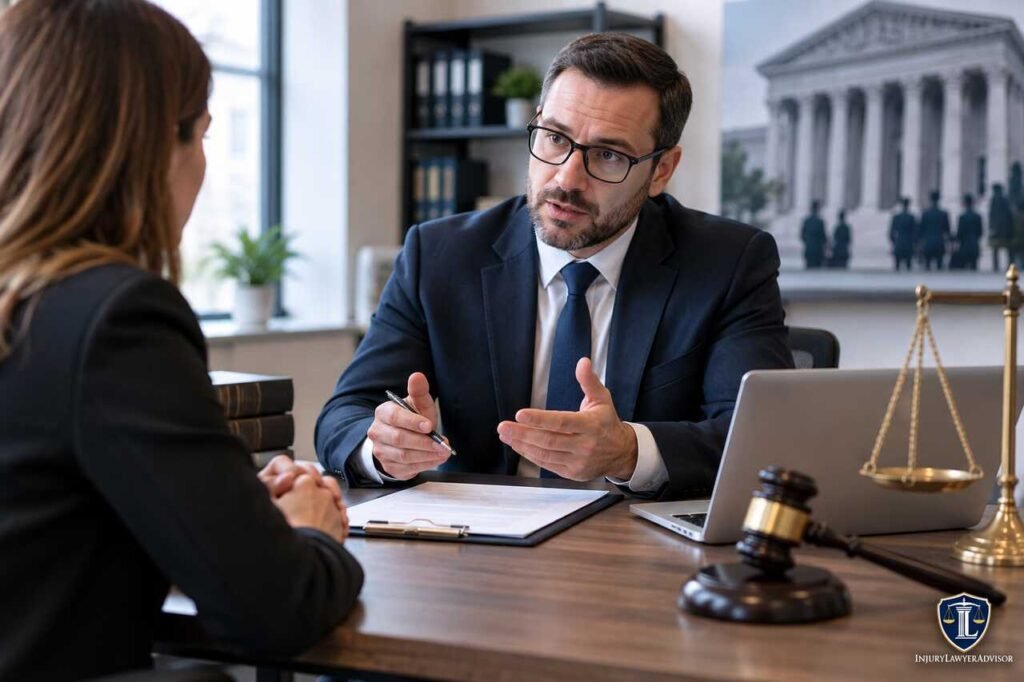 Employment tribunal lawyer advising a client about a workplace dispute