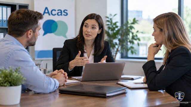 Acas early conciliation meeting with a lawyer, mediator, and employee discussing a workplace dispute.