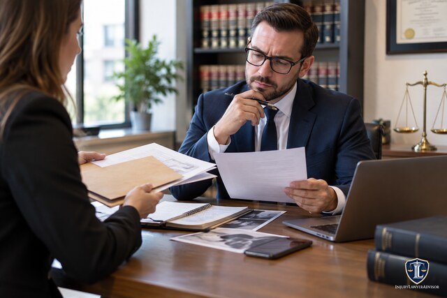 Lawyer reviewing documents and evidence provided by a client during a legal consultation