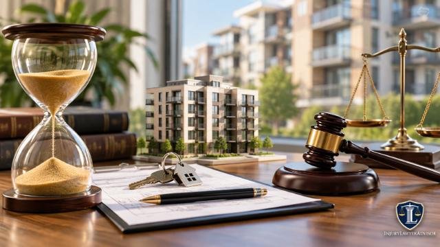 80-year lease rule represented by an apartment building, hourglass, property keys, legal documents, gavel, and scales of justice.
