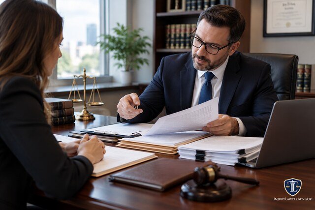 Appeal lawyer reviewing court records and legal documents with a client during a consultation
