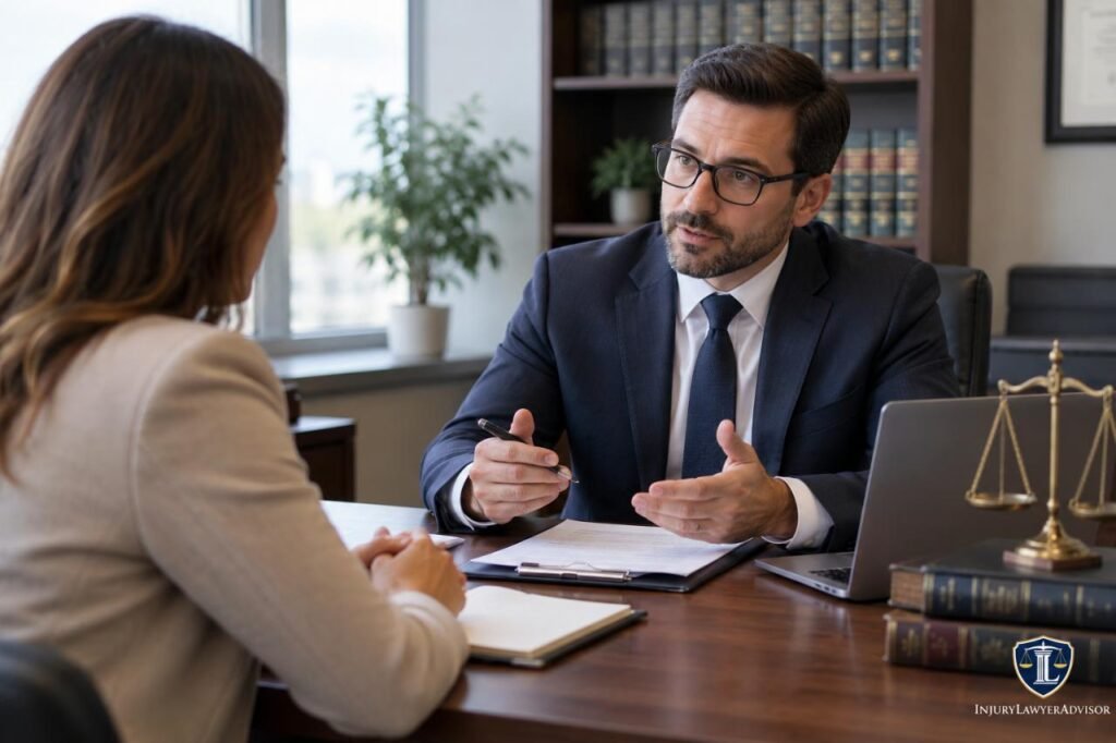 Appeal lawyer consultation with attorney reviewing legal documents with a client